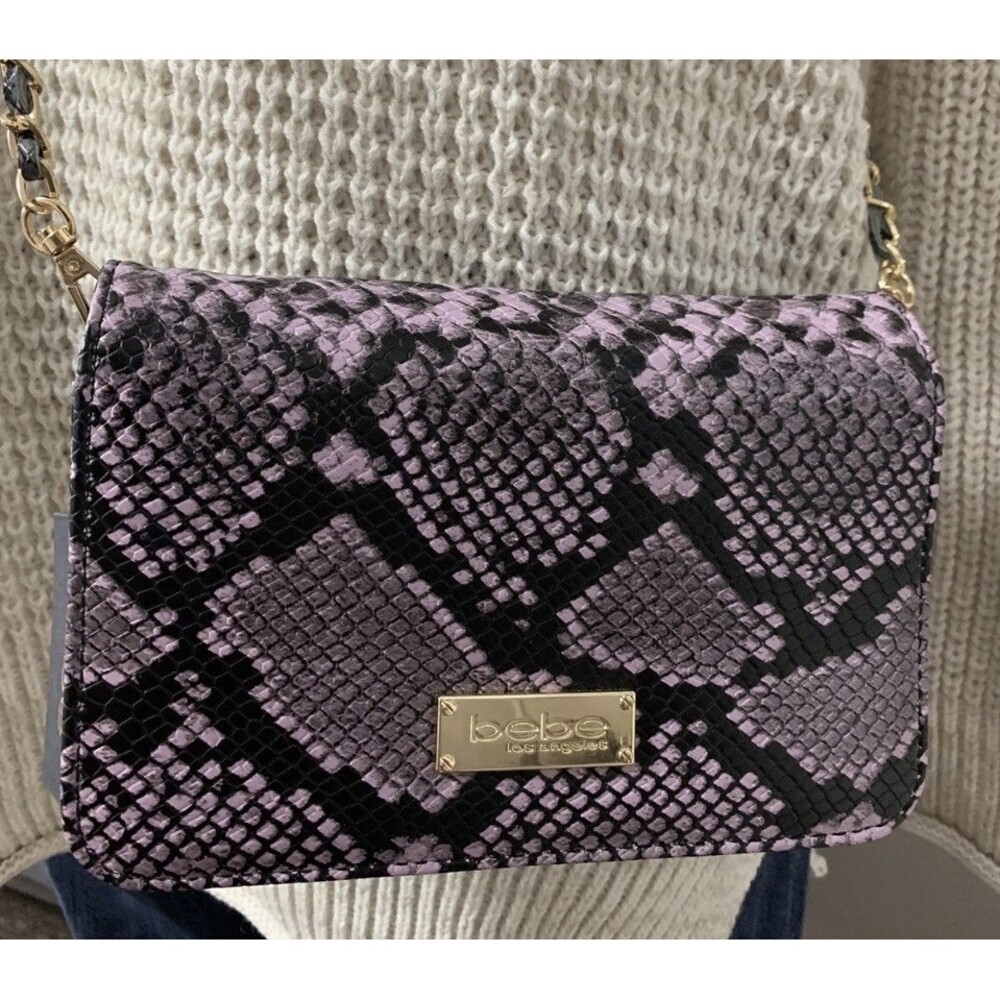 Bebe Annie Flap Snake Chain Cross Body Lavender/ Gray New